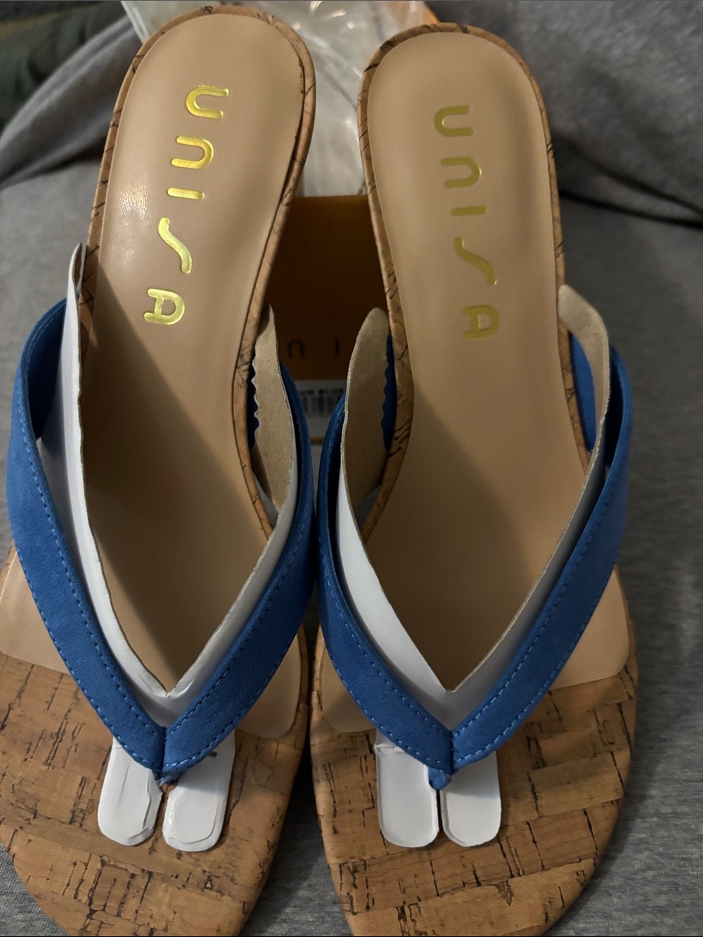 Unisa Blue and White Cork Toe-Post Wedge Sandals